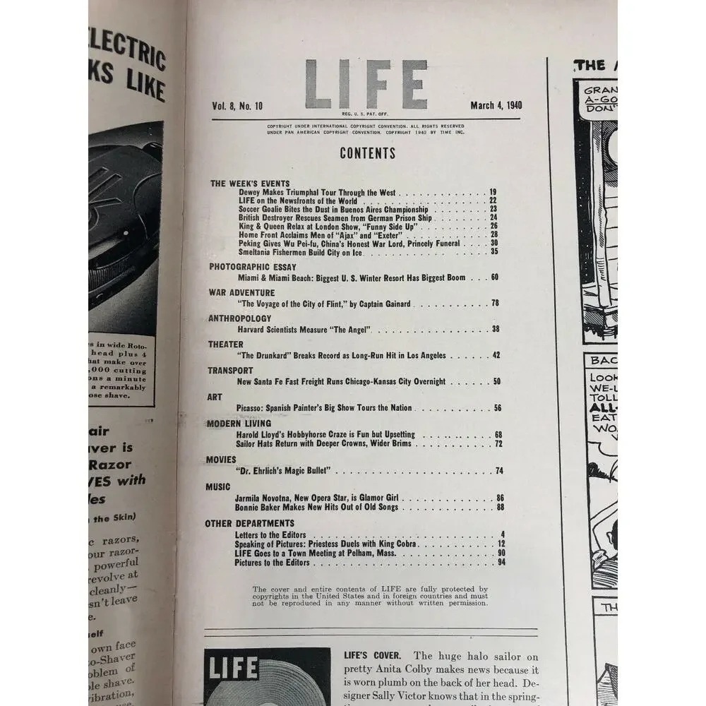 LIFE Magazine March 4 1940 Anita Colby Spring Sailor Hat Cover Vintage WWII Era